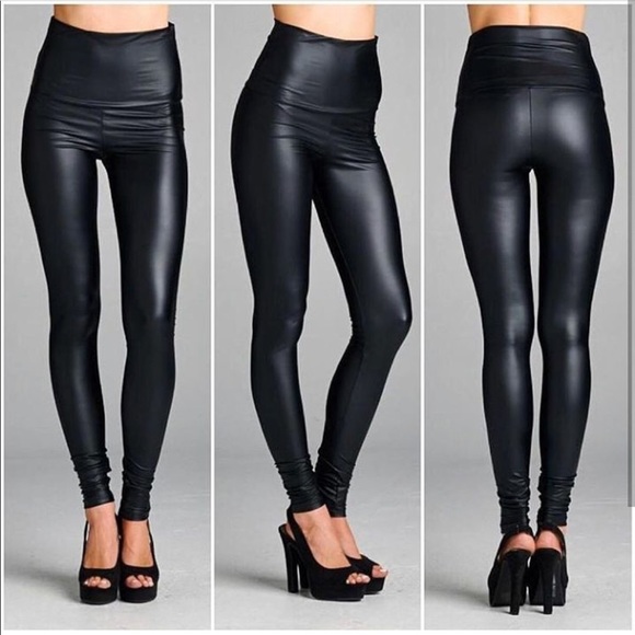 Black High waisted faux leather leggings - Picture 6 of 9